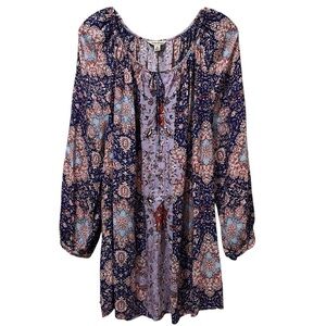 Lucky Brand 1X Plus Size Bollywood Bohemian Floral Long Sleeve Tassel Blouse Y9
